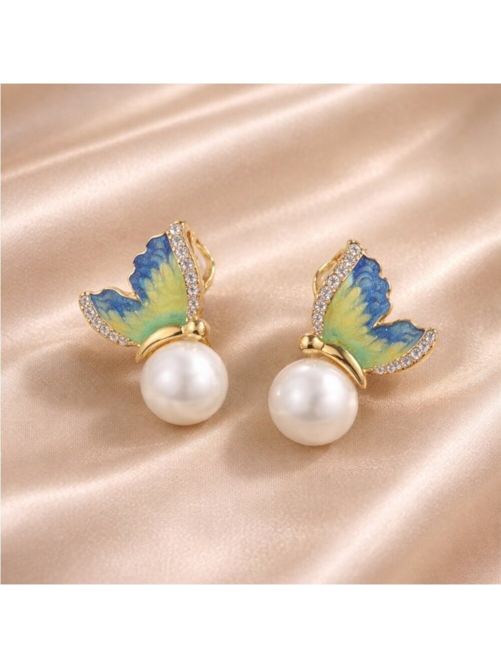 Art Nouveau Butterfly Pearl Earrings | Enamel & Crystal